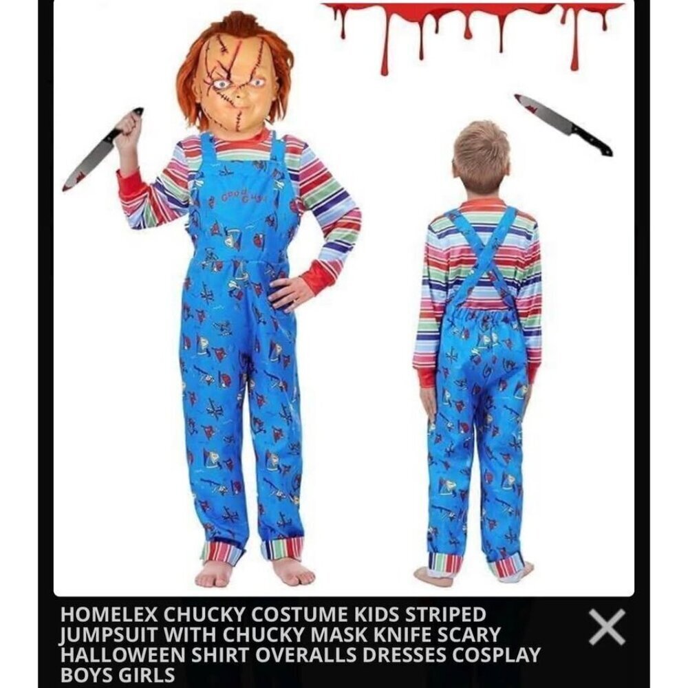 New Kids Chucky Costume Striped Jumpsuit Mask Knife Halloween XS (4-5 years)
